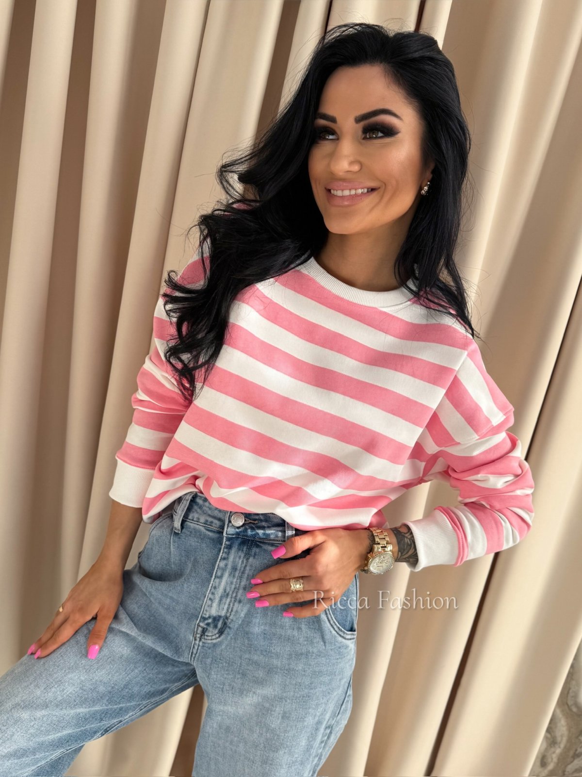 Bluza bawełniana FELIZ STRIPS, candy pink/ecru big