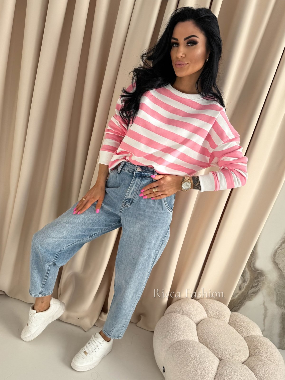 Bluza bawełniana FELIZ STRIPS, candy pink/ecru big