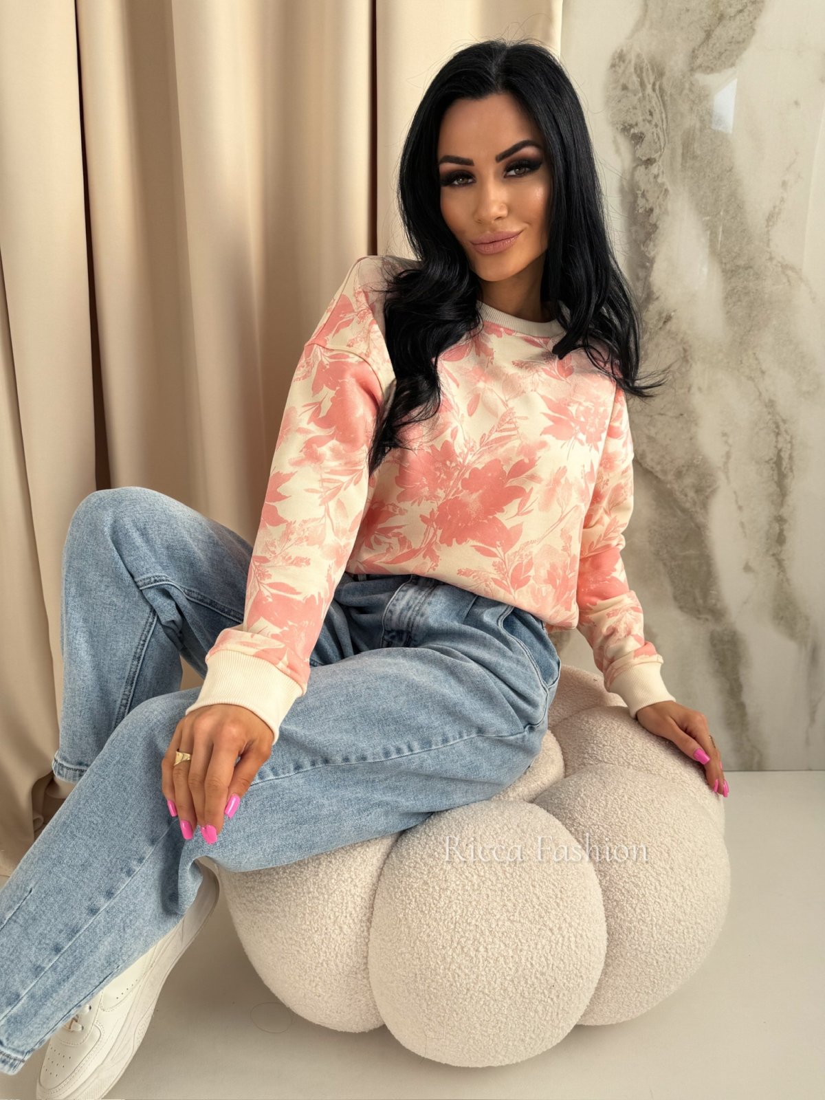 Bluza bawełniana FLORA, cream/peach