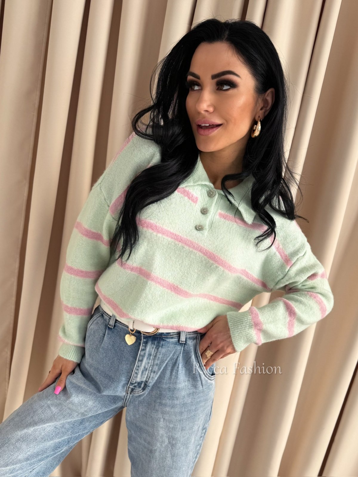 Sweter polo z wełną MINELLI, mint