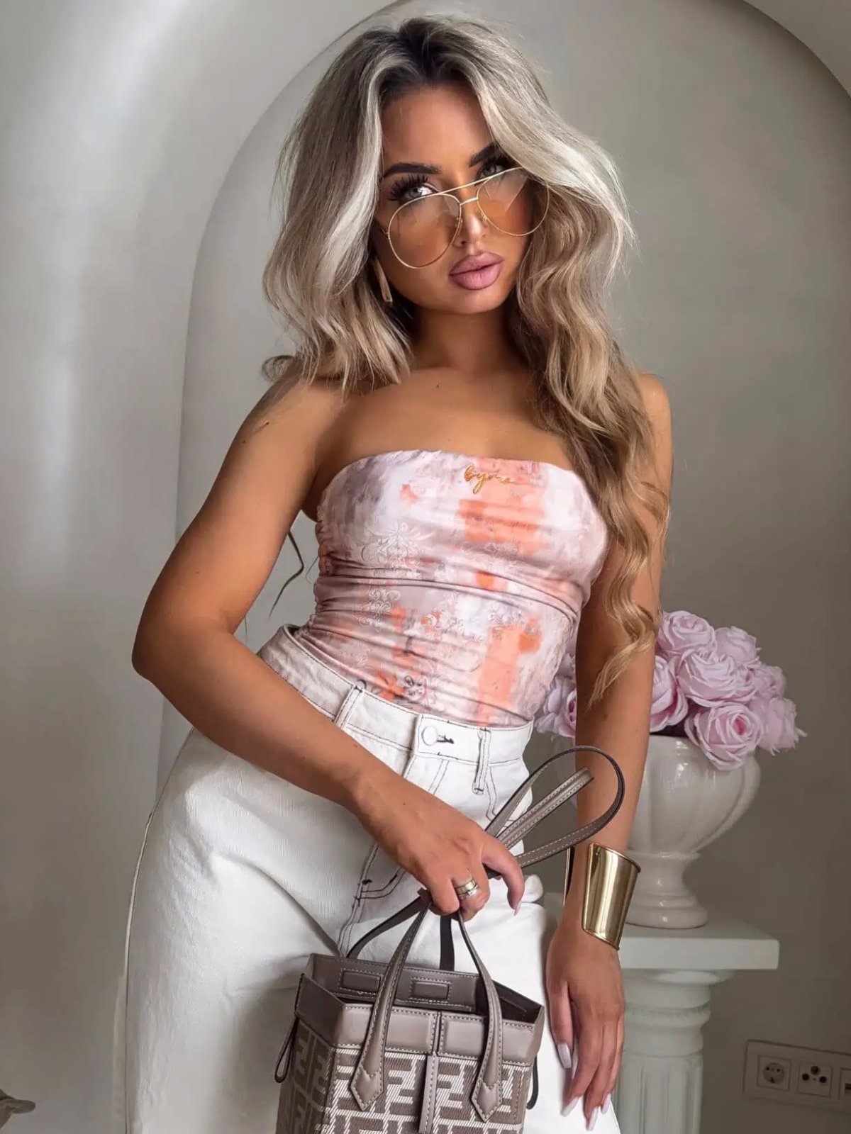 Top z wiskozy MAVEN, ornament/peach