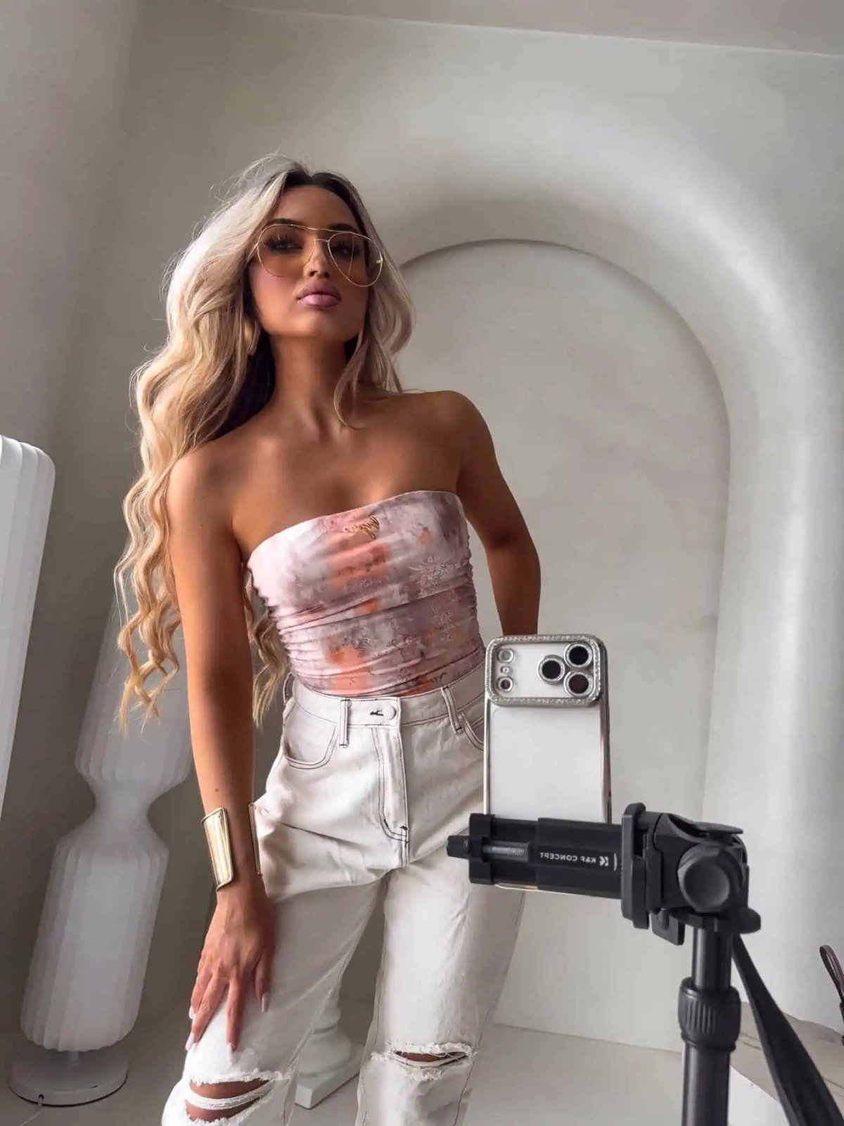 Top z wiskozy MAVEN, ornament/peach