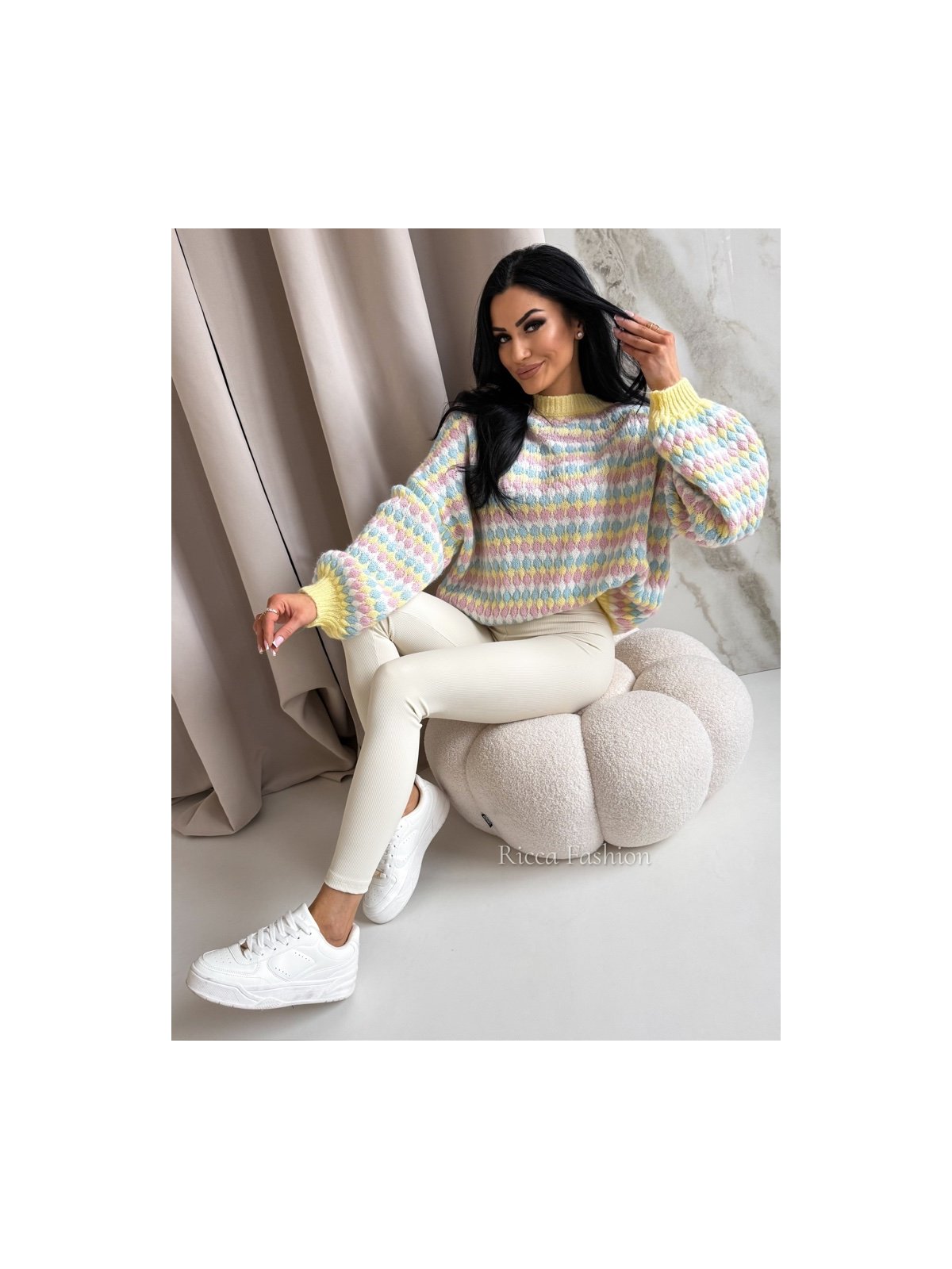 Sweter z wełną COLORFUL, banana/blue