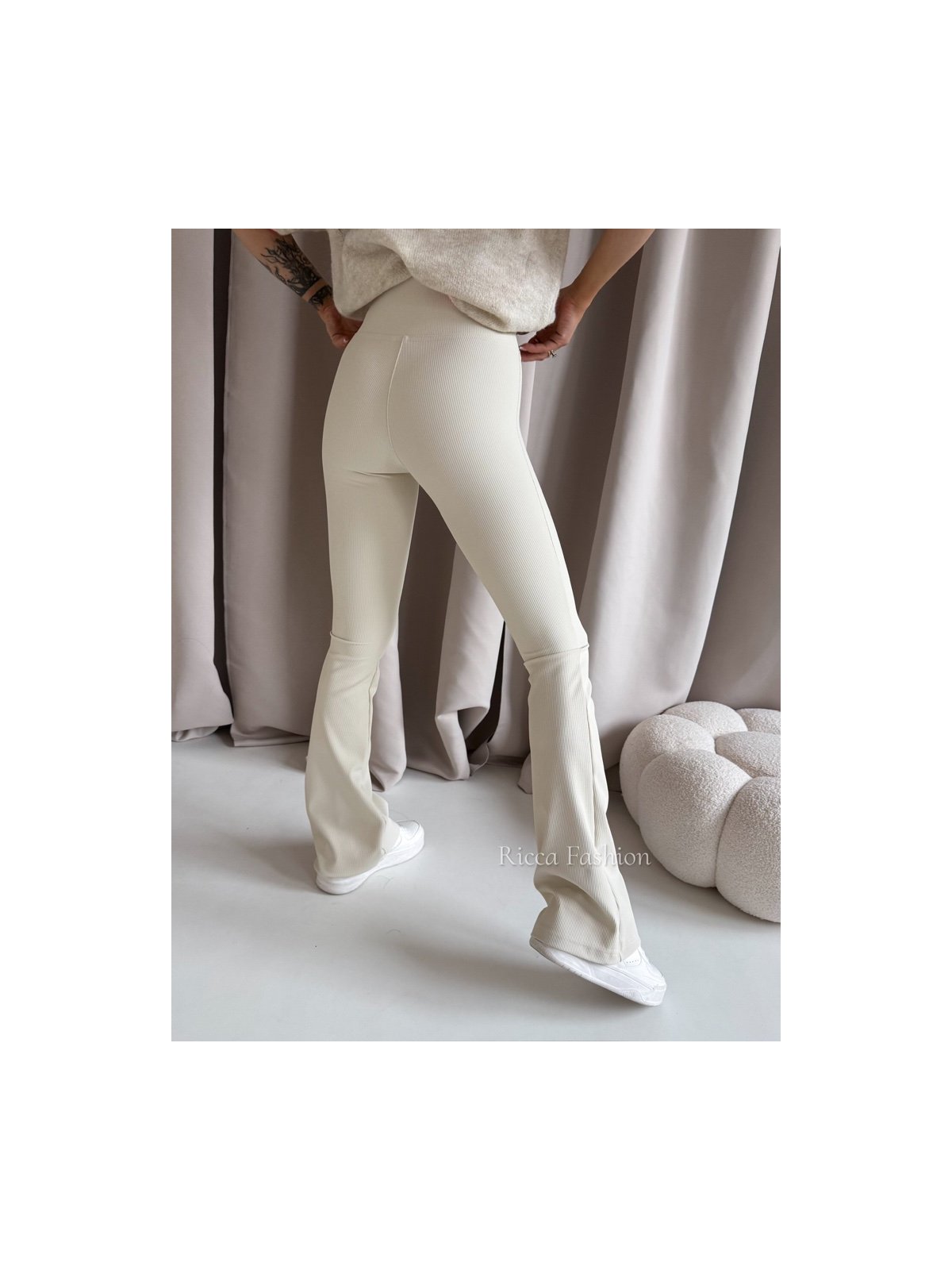 Spodnie prążkowane dzwony BEAT, beige