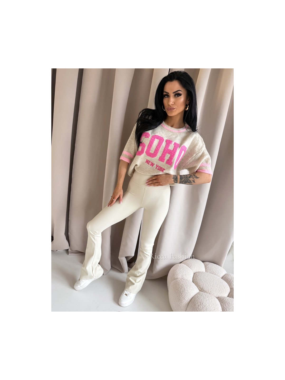 Spodnie prążkowane dzwony BEAT, beige