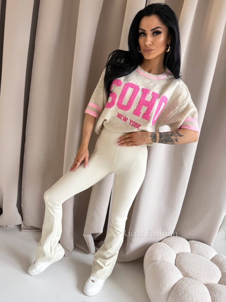 Spodnie prążkowane dzwony BEAT, beige