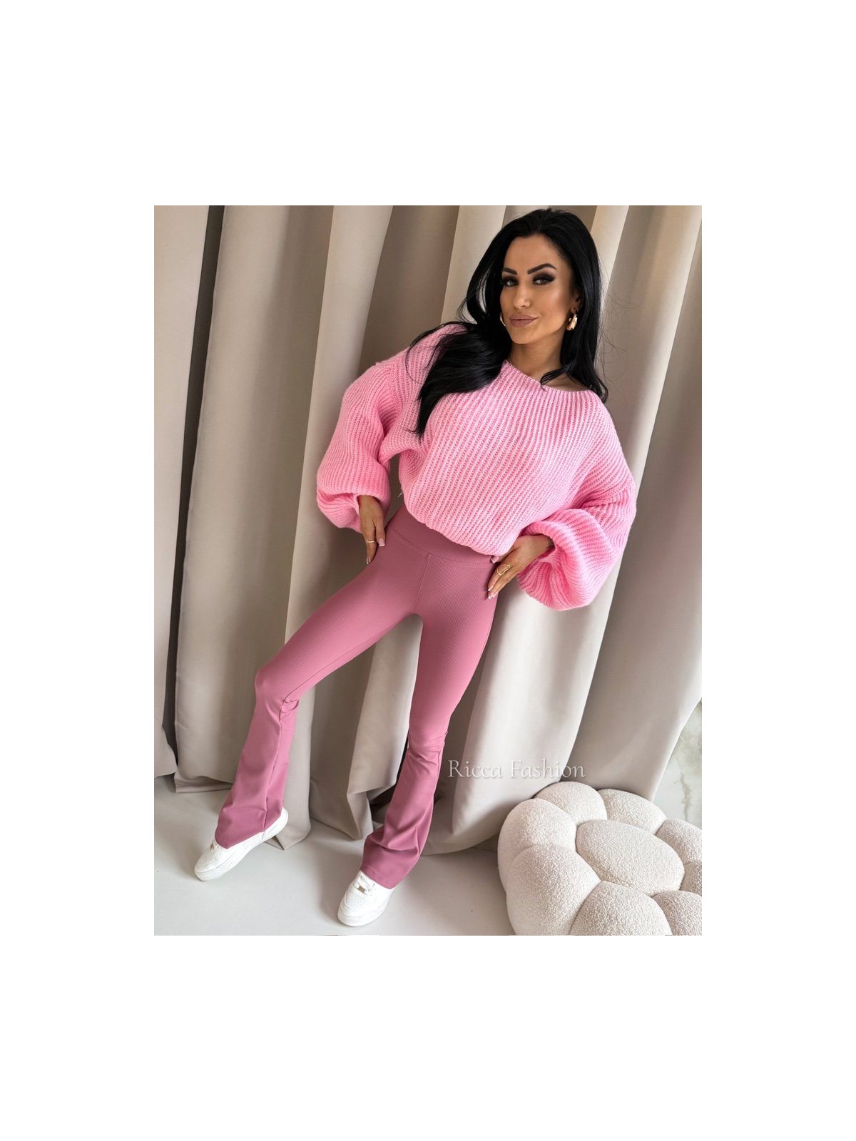 Spodnie prążkowane dzwony BEAT, antique pink