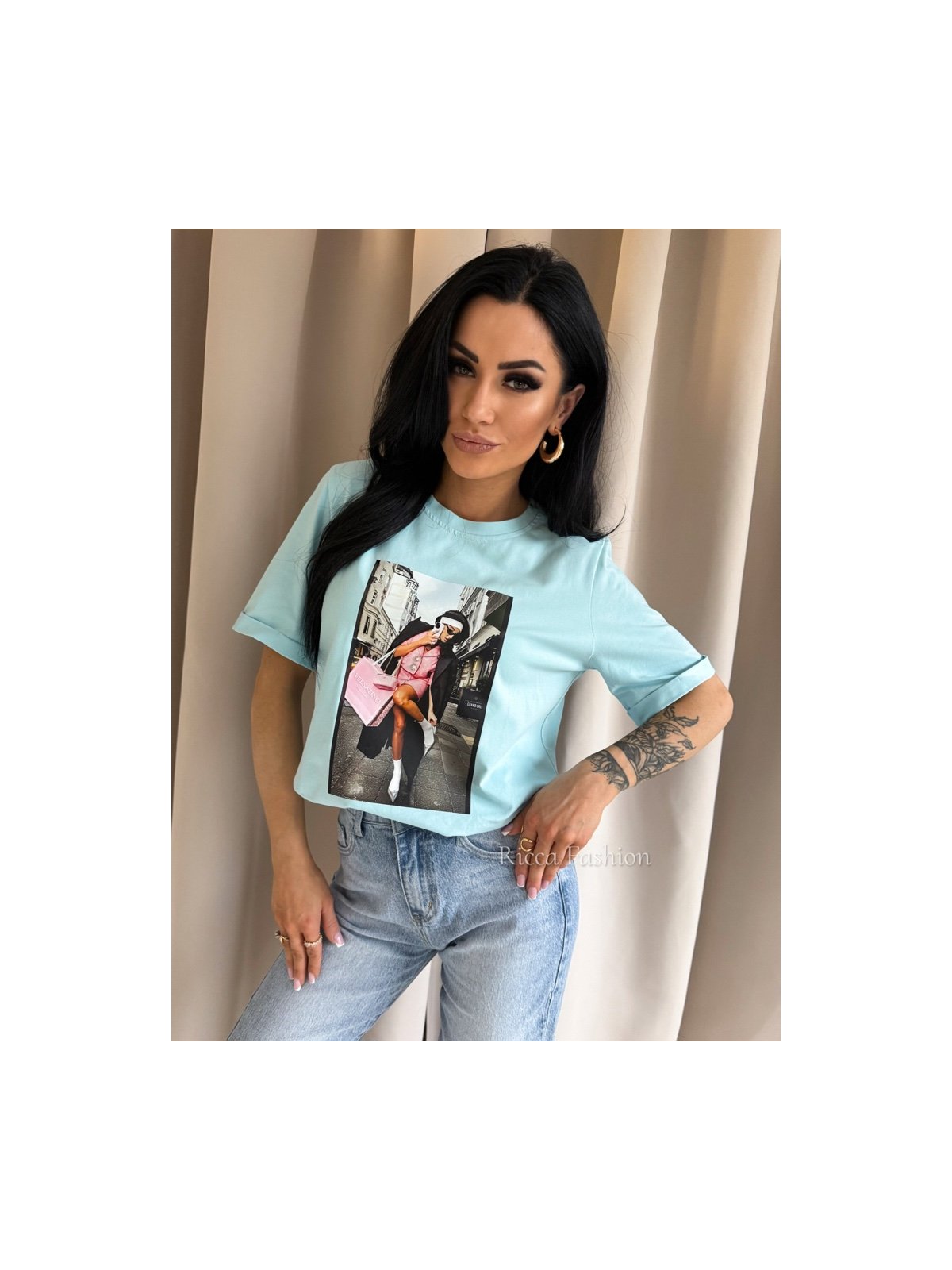 T-shirt bawełniany PARIS CHIC, baby blue