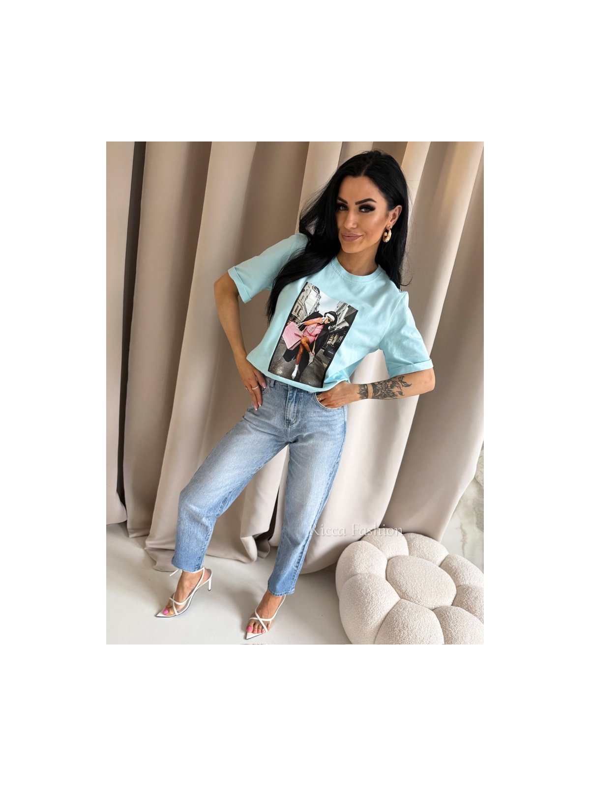 T-shirt bawełniany PARIS CHIC, baby blue