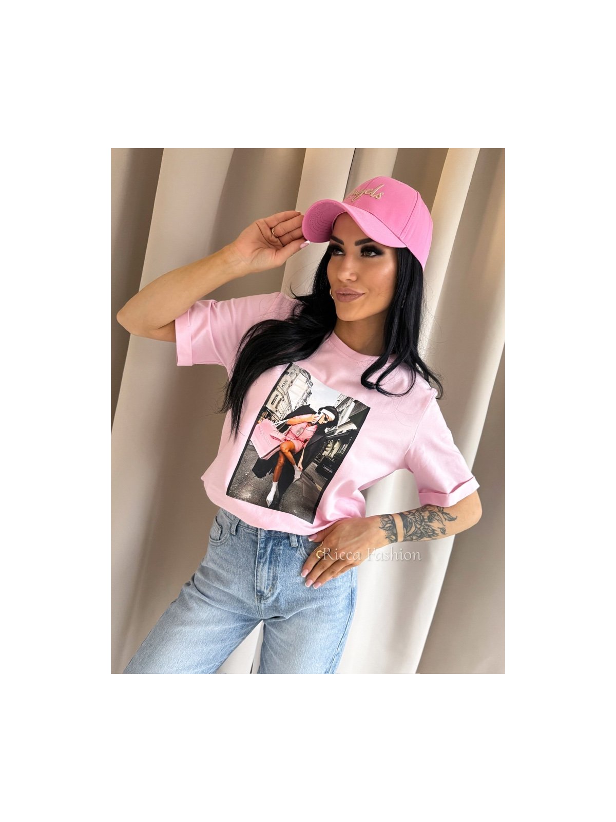 T-shirt bawełniany PARIS CHIC, pastel pink