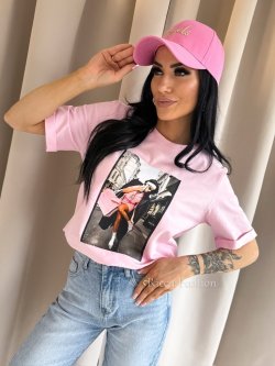 T-shirt bawełniany PARIS CHIC, pastel pink