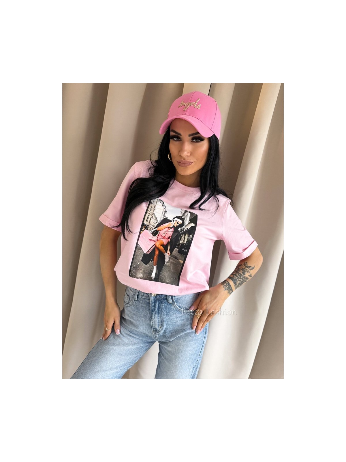 T-shirt bawełniany PARIS CHIC, pastel pink