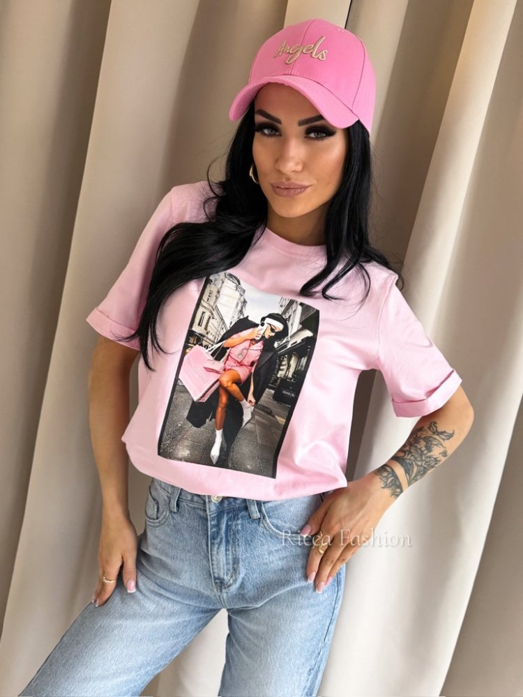 T-shirt bawełniany PARIS CHIC, pastel pink