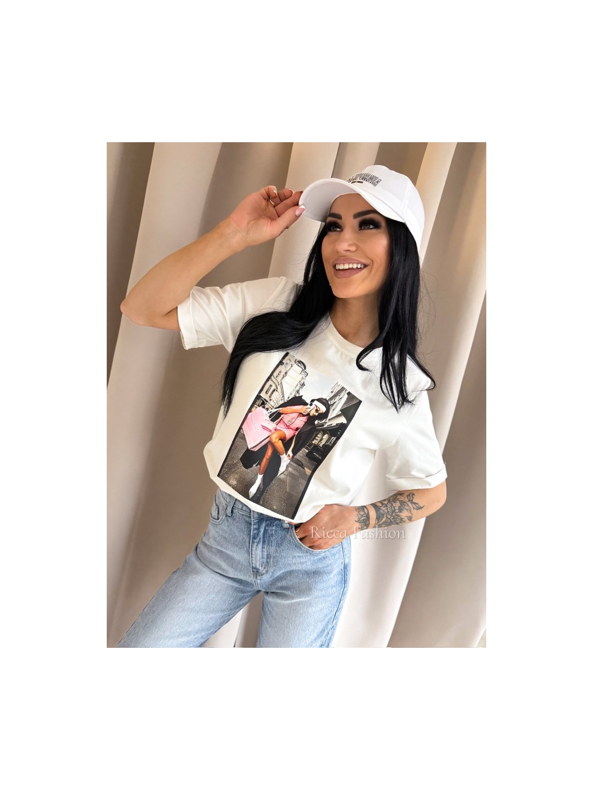 T-shirt bawełniany PARIS CHIC, ecru