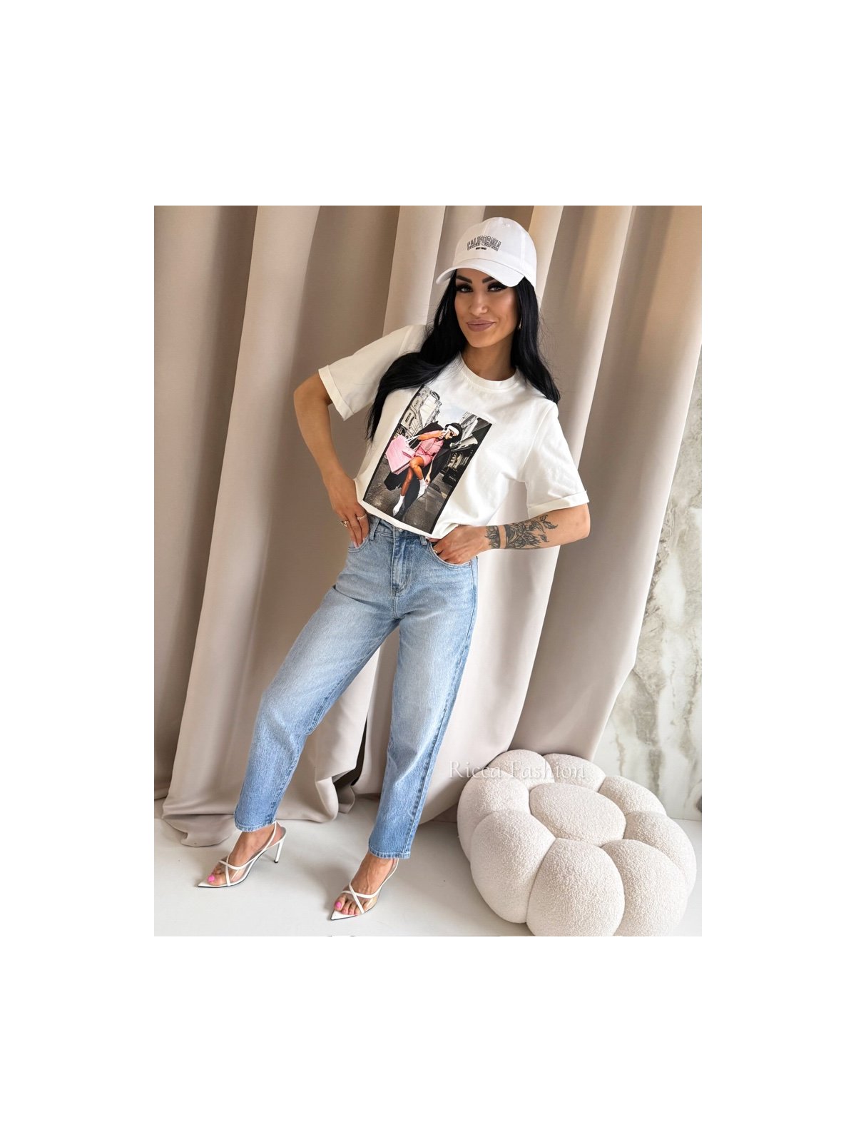 T-shirt bawełniany PARIS CHIC, ecru