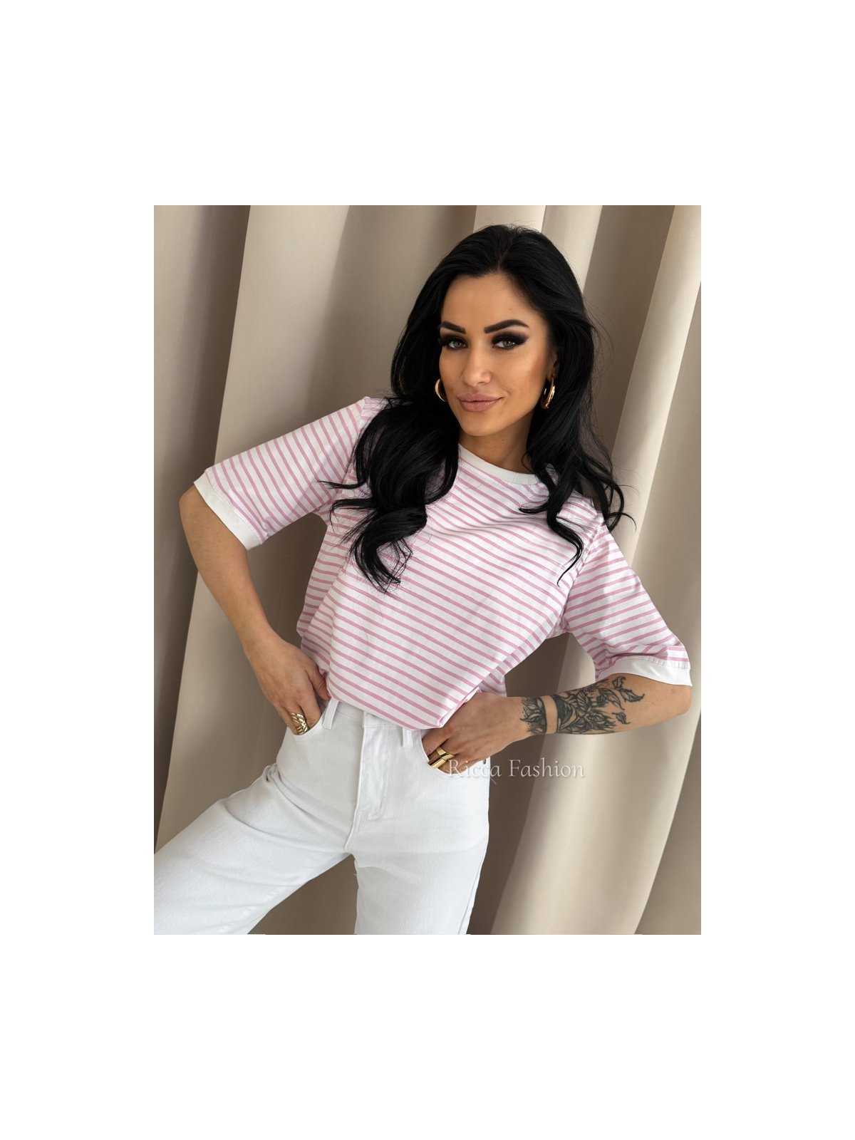 T-shirt bawełniany NIKO, ecru/pink