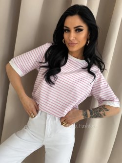 T-shirt bawełniany NIKO, ecru/pink