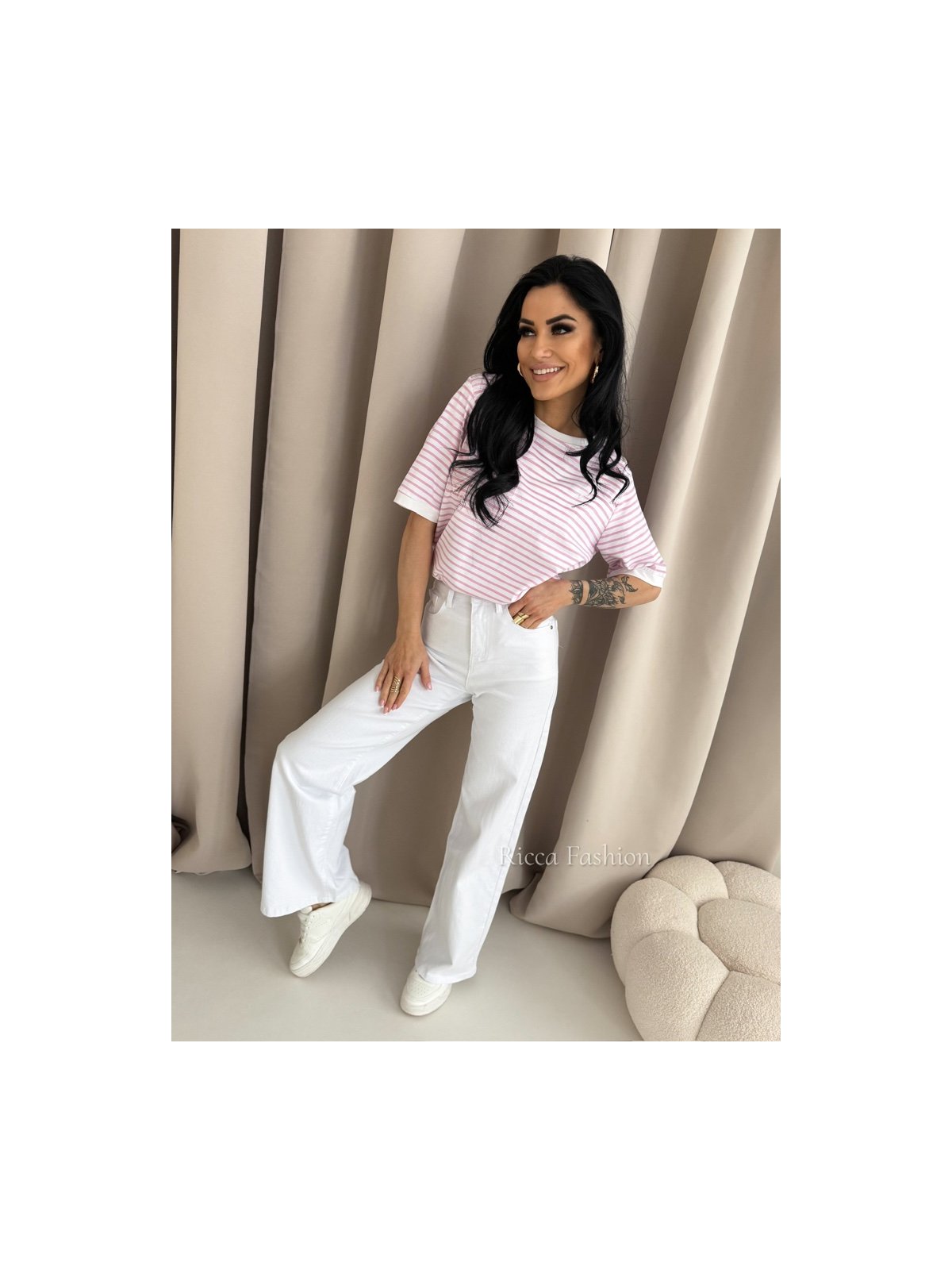 T-shirt bawełniany NIKO, ecru/pink