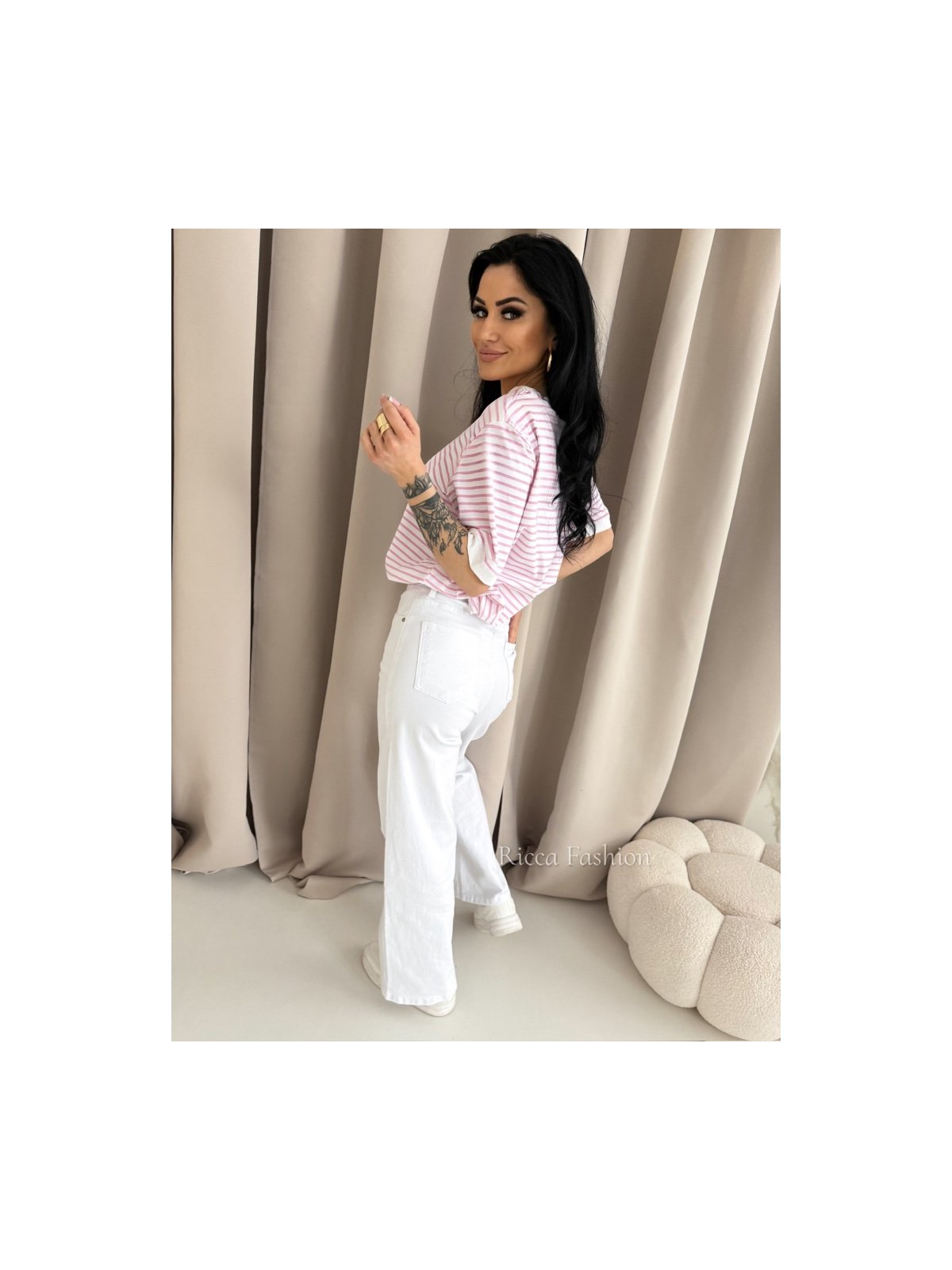 T-shirt bawełniany NIKO, ecru/pink