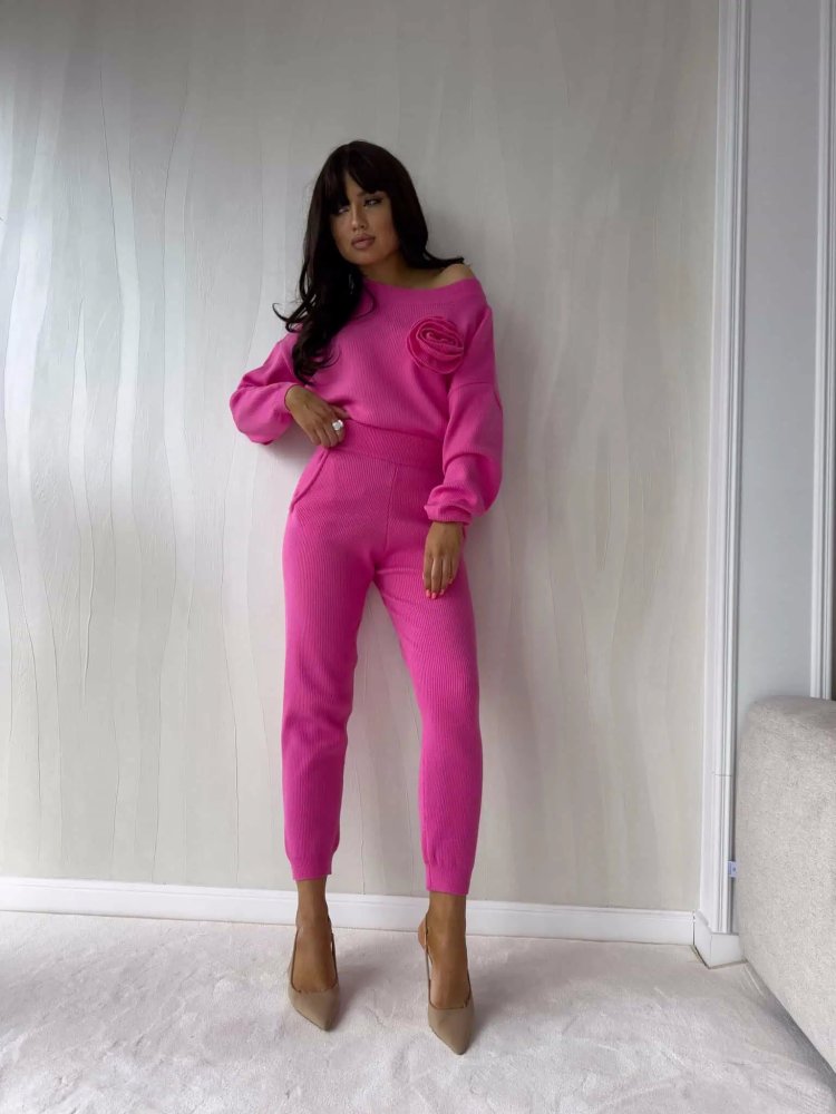 Komplet dzianinowy z kaszmirem DELANI LONG, barbie róż