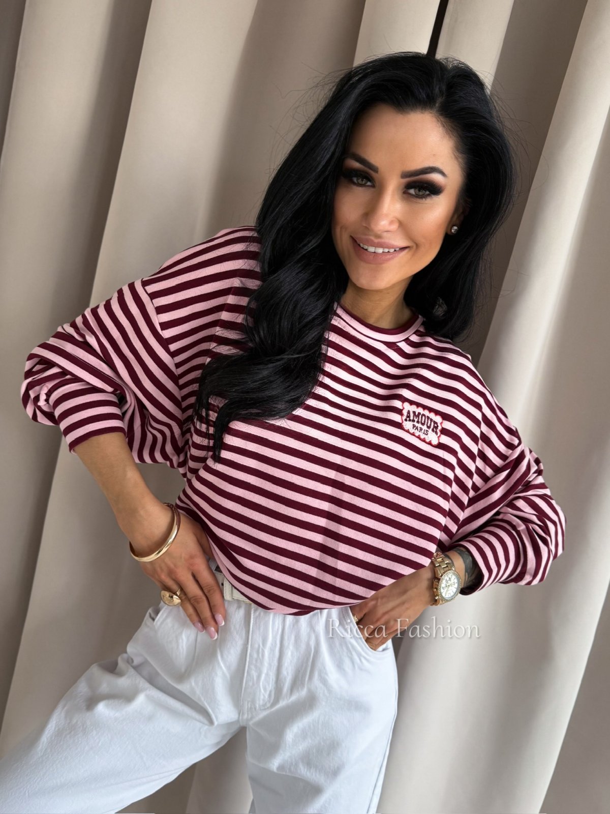 Bluza bawełniana AMOUR, bordo/puder