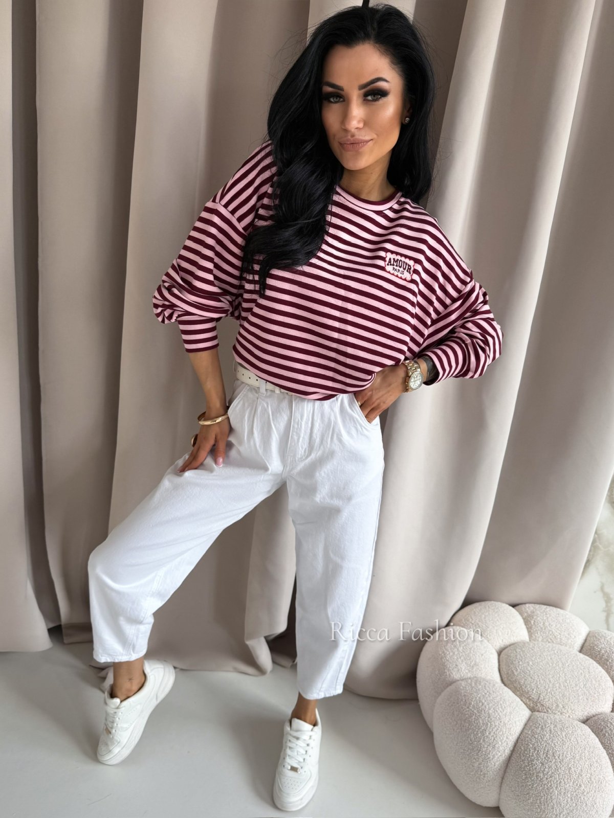 Bluza bawełniana AMOUR, bordo/puder