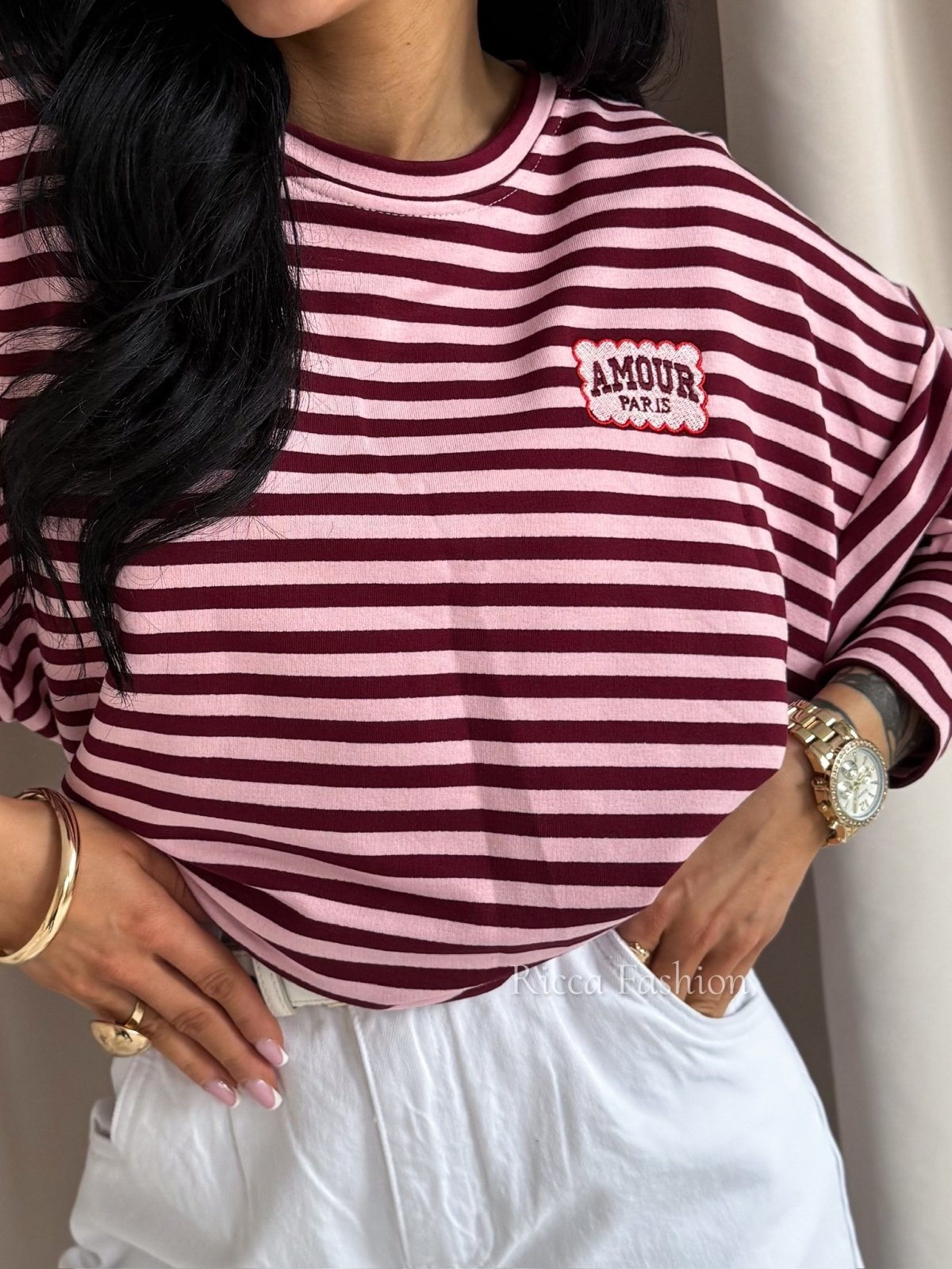 Bluza bawełniana AMOUR, bordo/puder