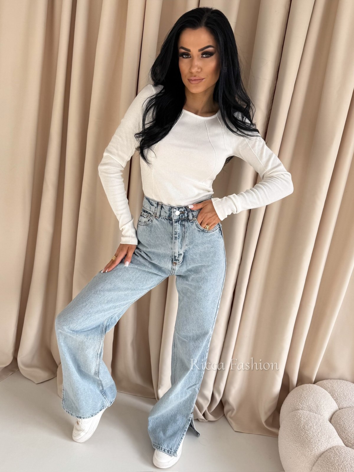 Bluzka prążkowana AMELINE, ecru