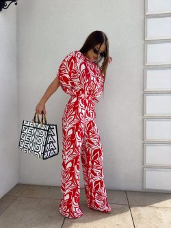 Komplet LUXE print, flowers/ecru-czerwony