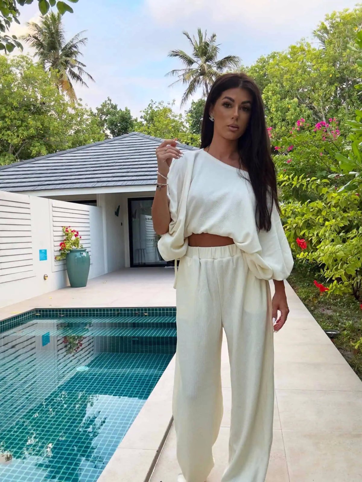 Komplet LUXE, prążek ecru