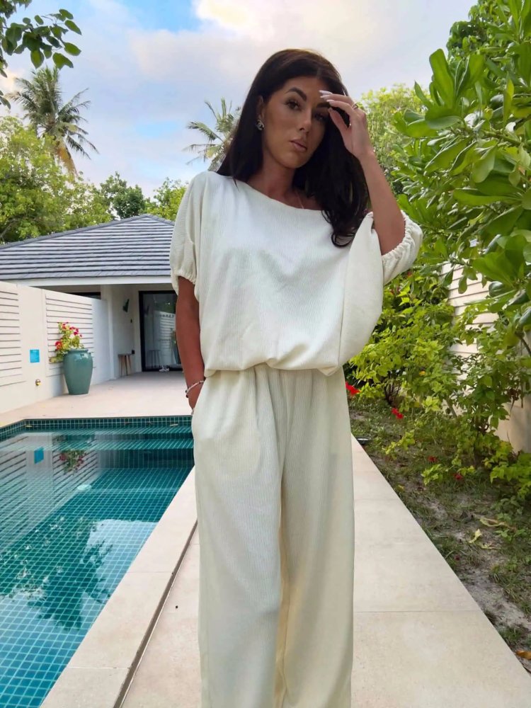 Komplet LUXE, prążek ecru