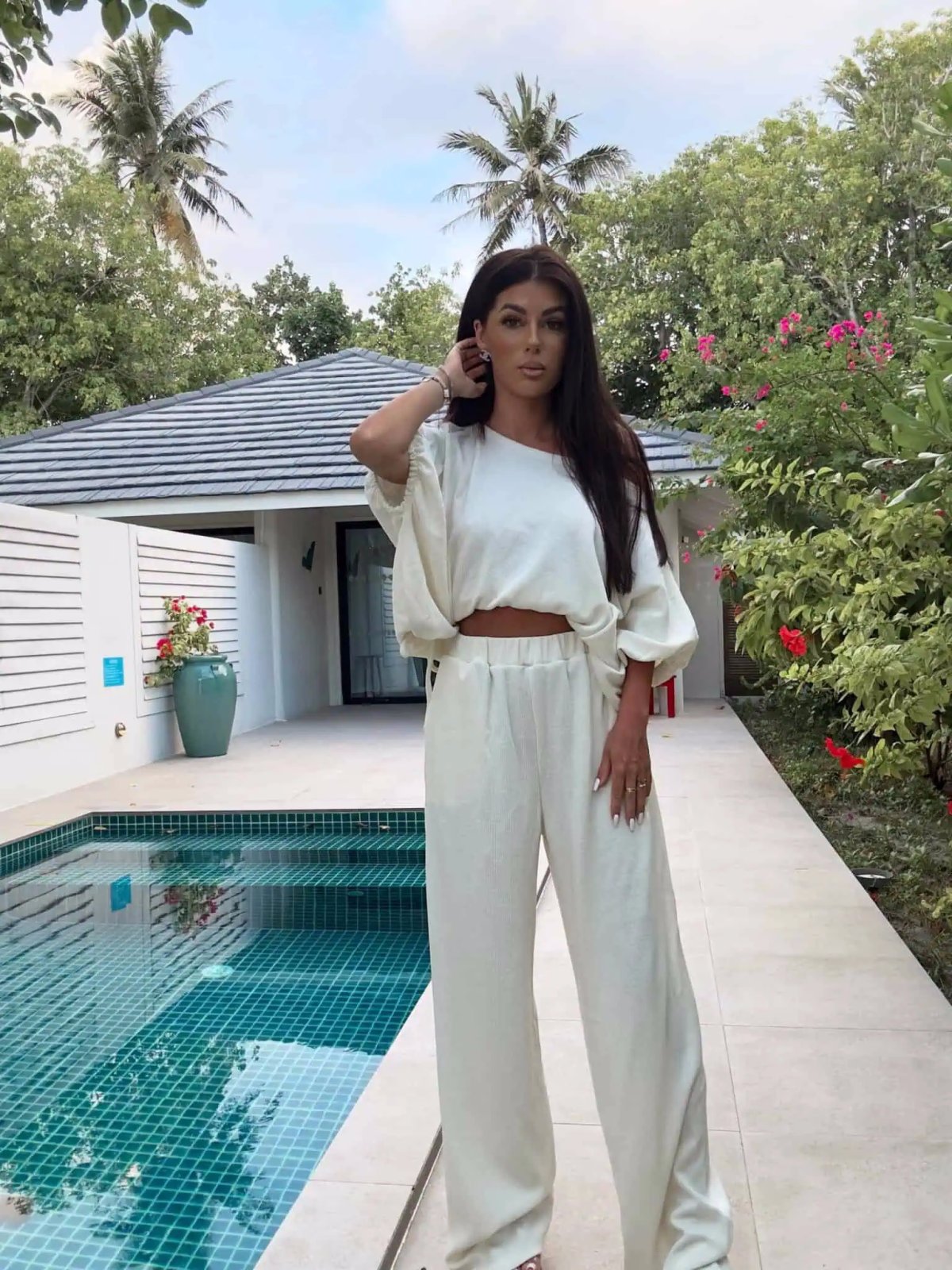 Komplet LUXE, prążek ecru