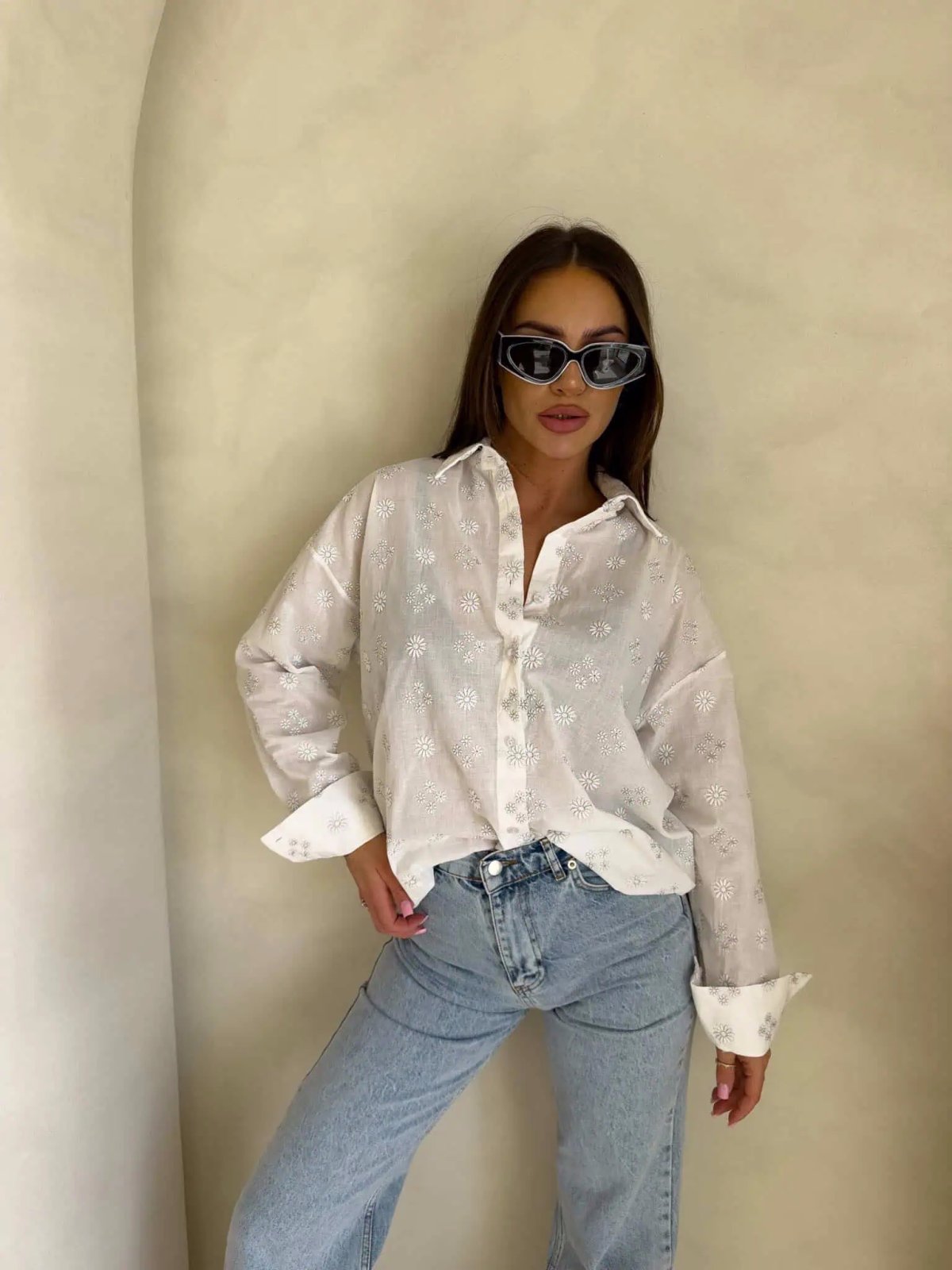 Koszula bawełniana OVER, kwiatuszki/ecru