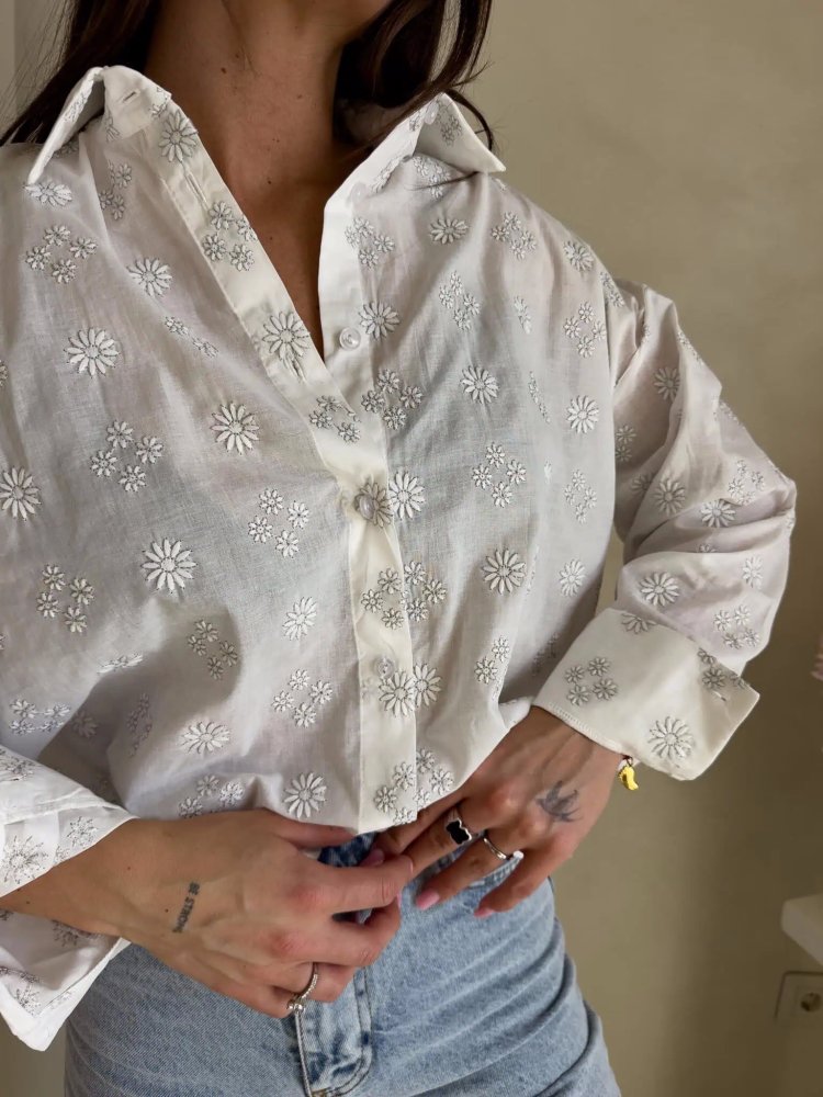 Koszula bawełniana OVER, kwiatuszki/ecru