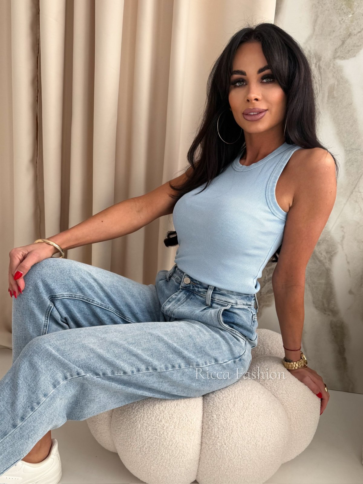 Bluzka/top dekatyzowana prążek CAMILA, baby blue