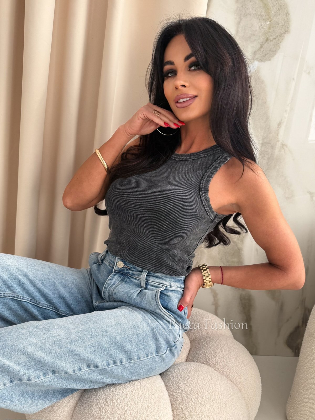 Bluzka/top dekatyzowana prążek CAMILA, grafit