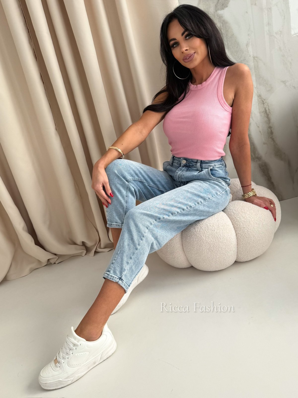 Bluzka/top dekatyzowana prążek CAMILA, sweet pink