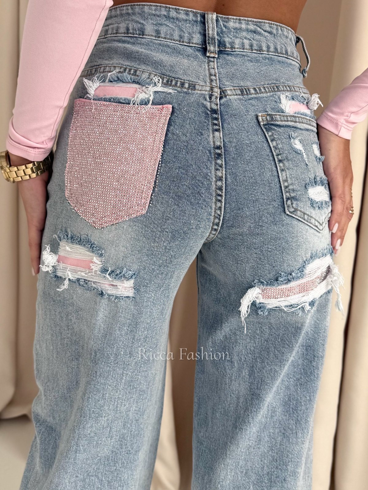 Spodnie wide leg z cyrkoniami ROSA denim, blue