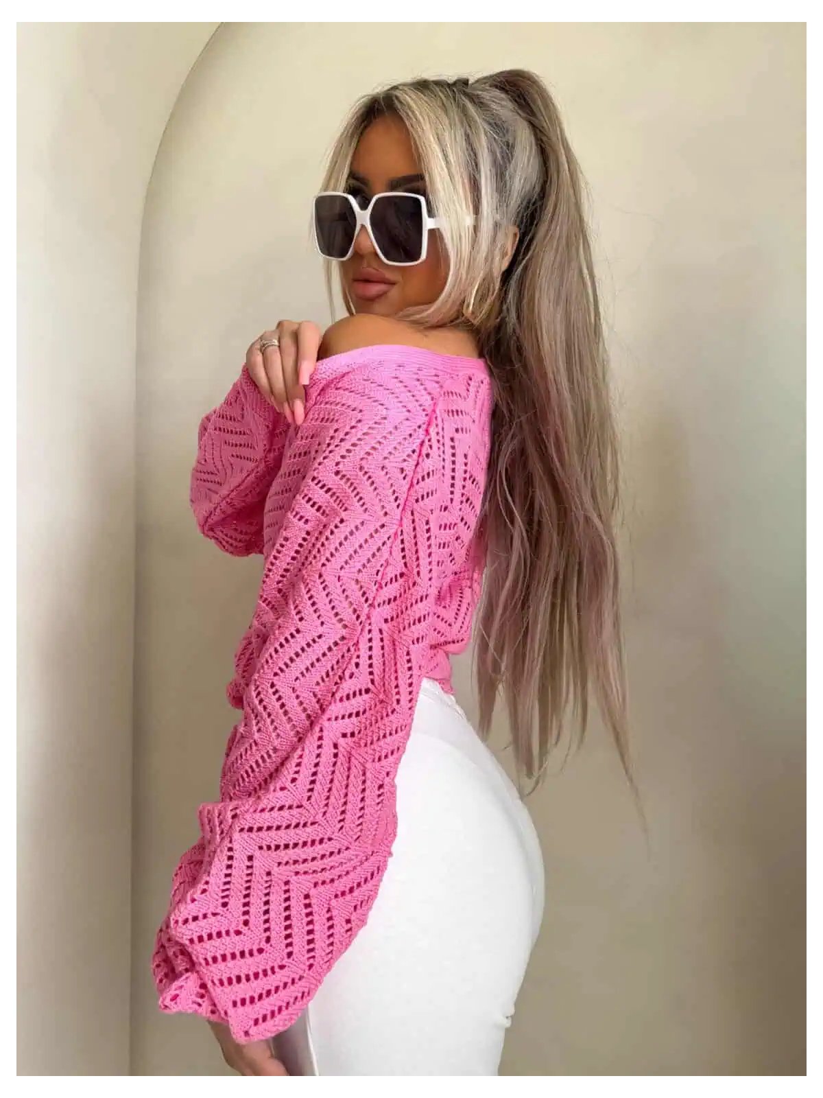 Kimono AŻUROWE jodełka – barbi róż