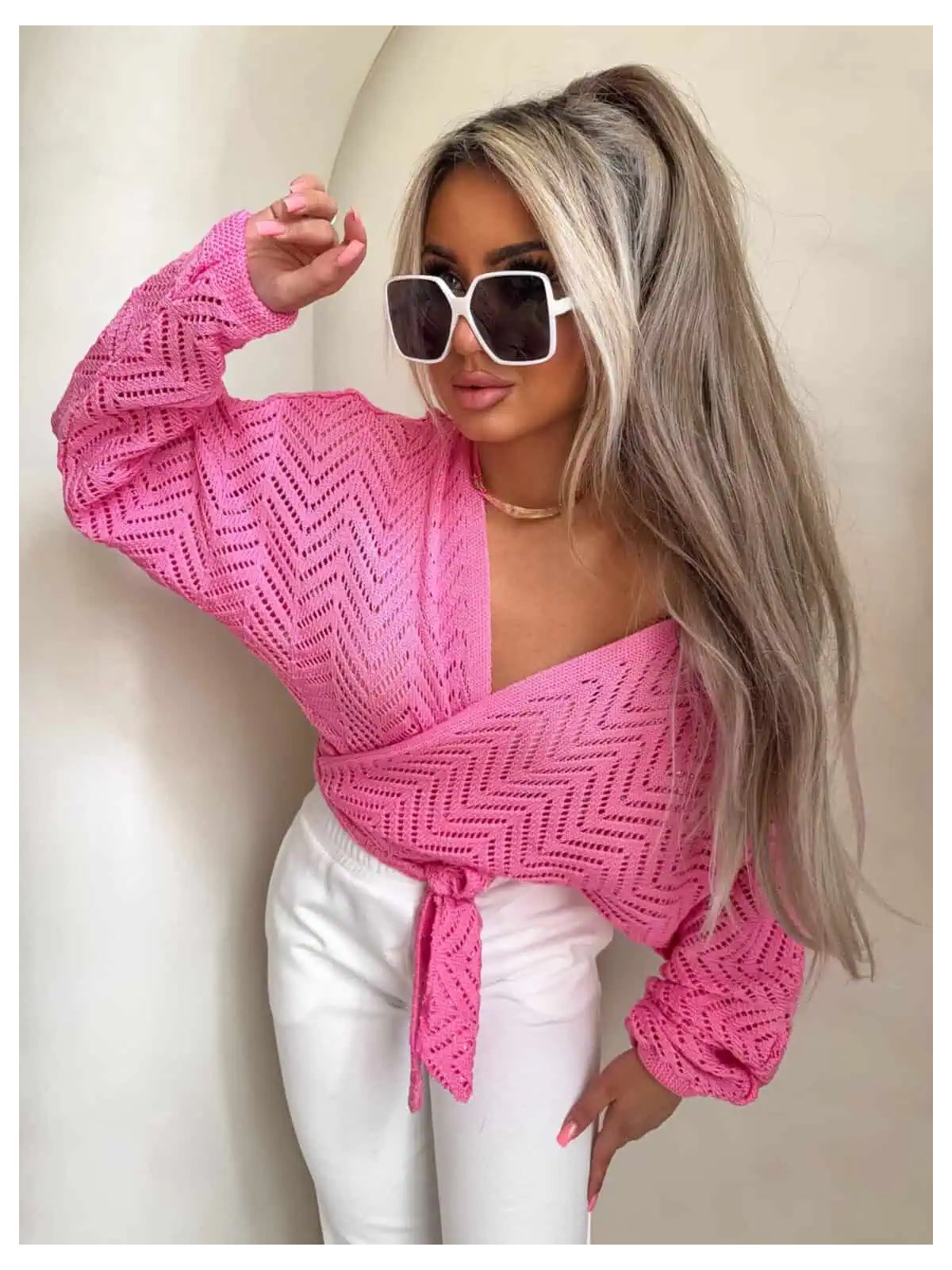 Kimono AŻUROWE jodełka – barbi róż