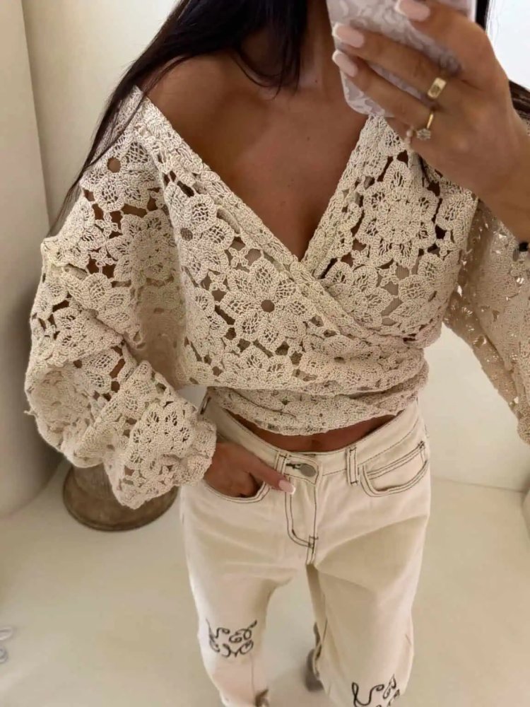 Kimono AŻUROWE kwiaty – jasny beż