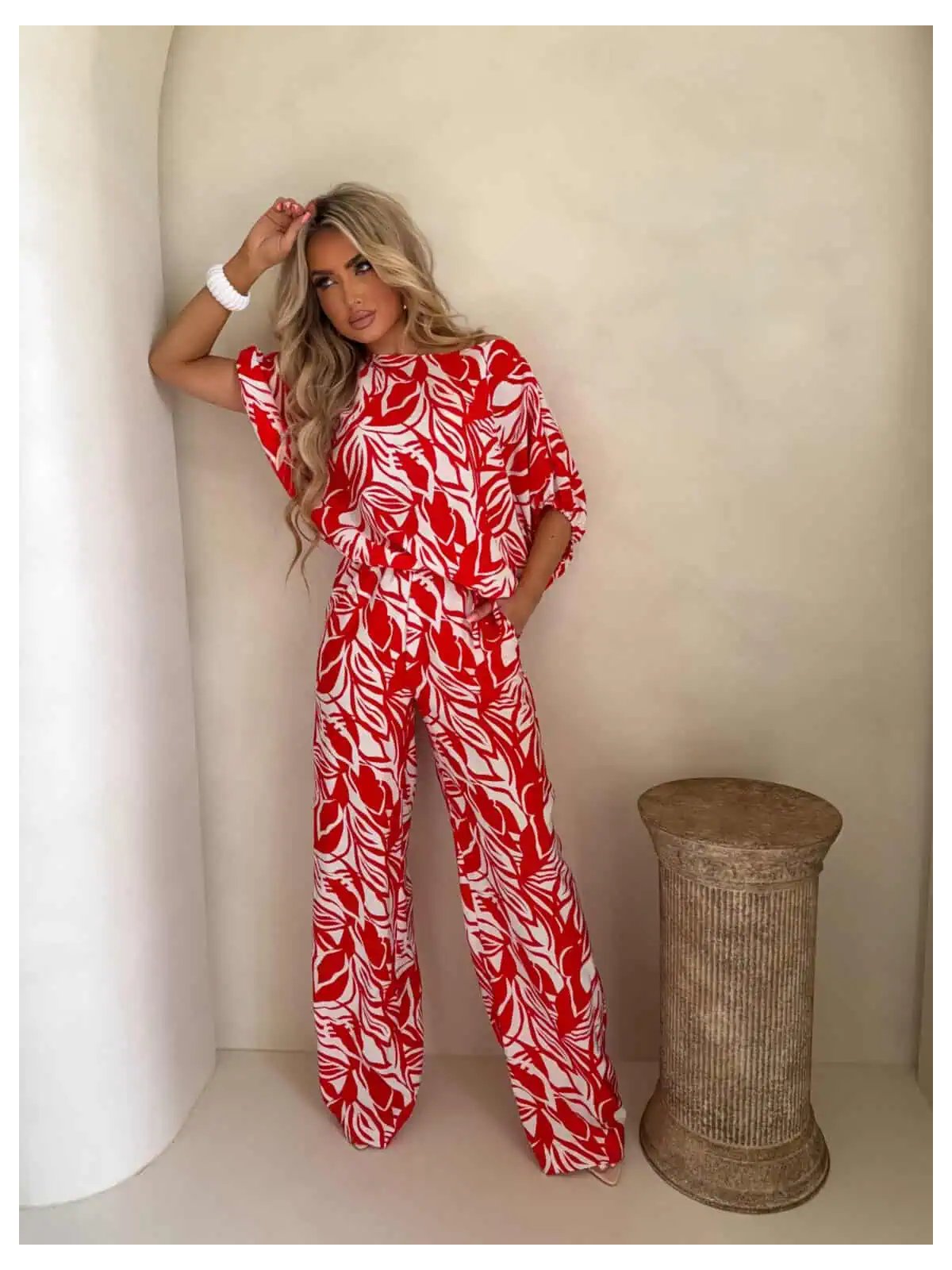 Komplet LUXE print flowers – ecru-czerwony