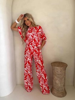 Komplet LUXE print flowers – ecru-czerwony