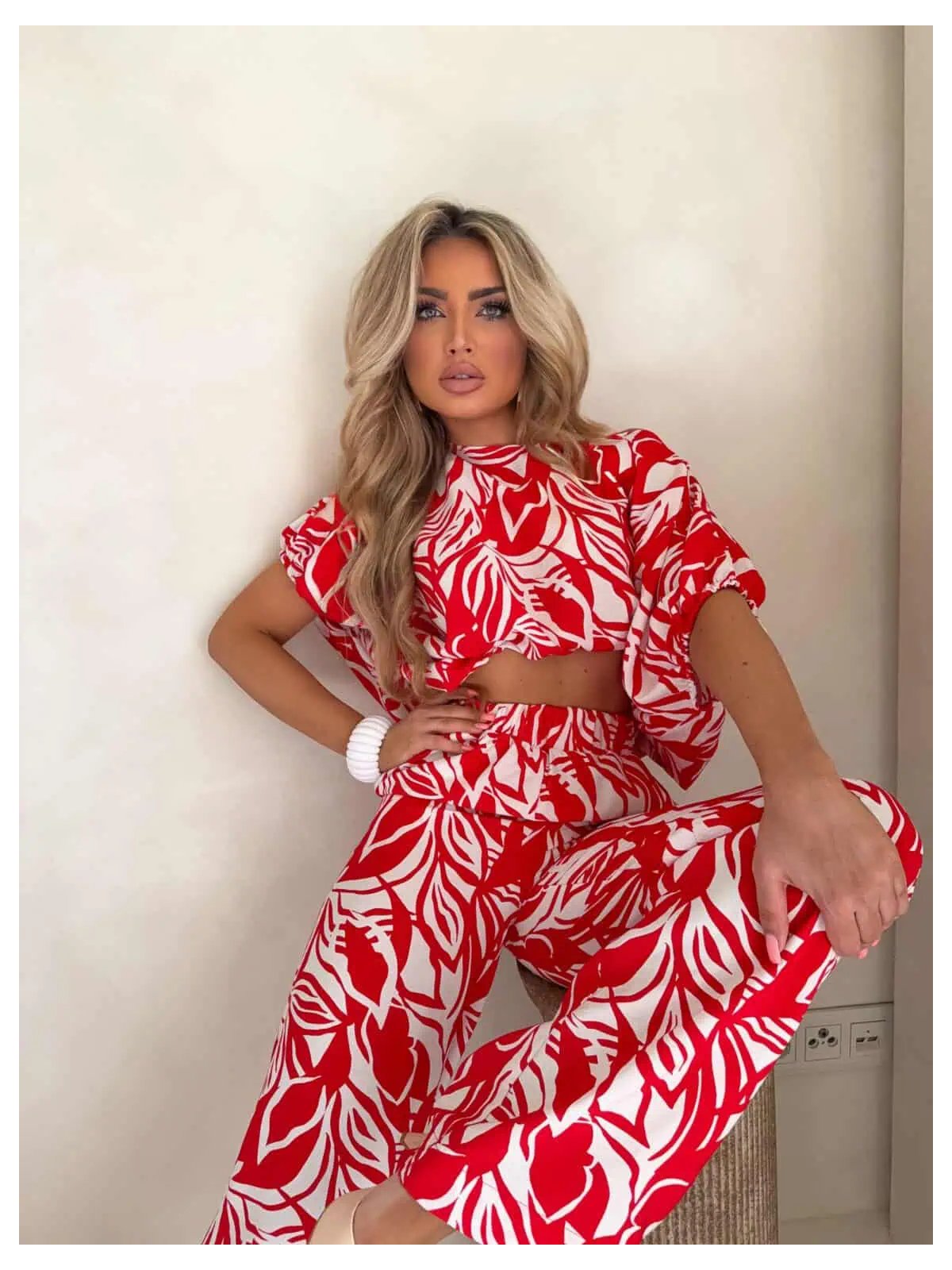 Komplet LUXE print flowers – ecru-czerwony