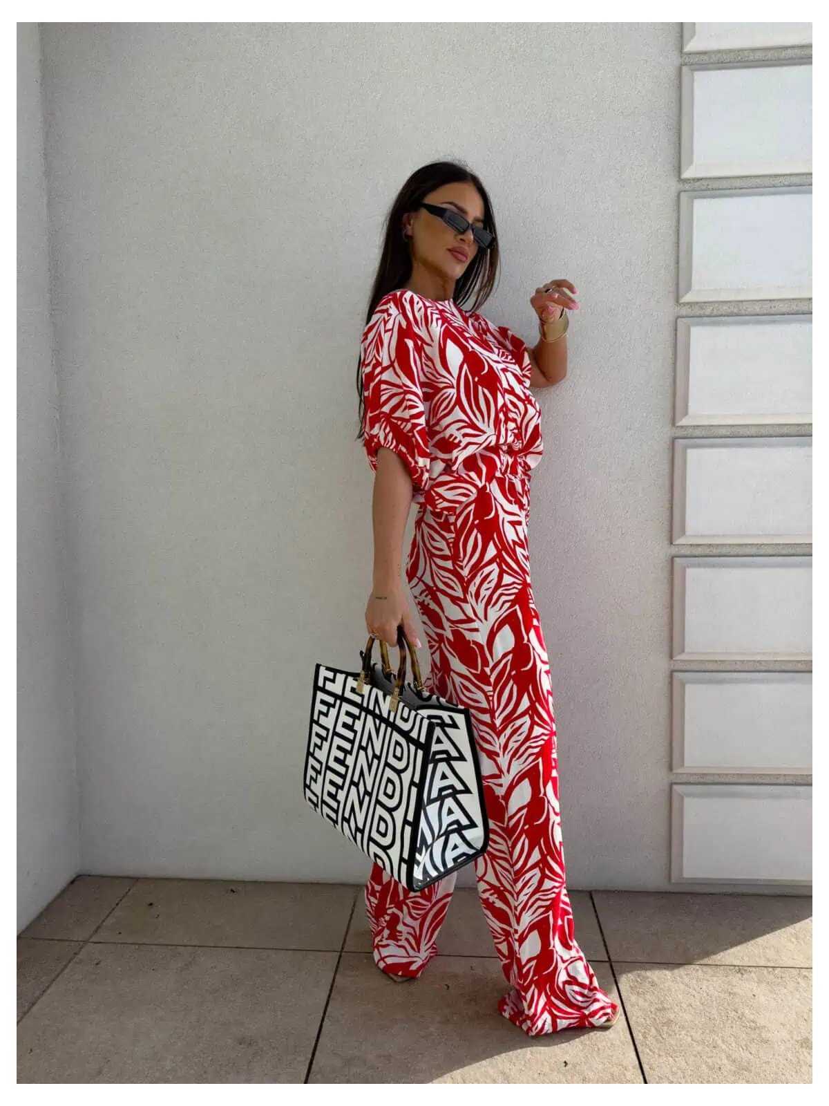 Komplet LUXE print flowers – ecru-czerwony