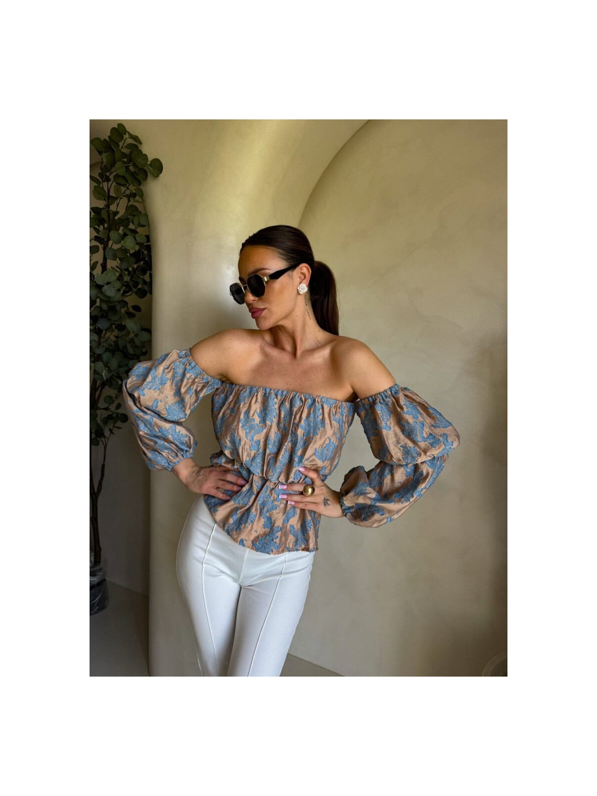 Bluzka hiszpanka MISS print ornament – blue