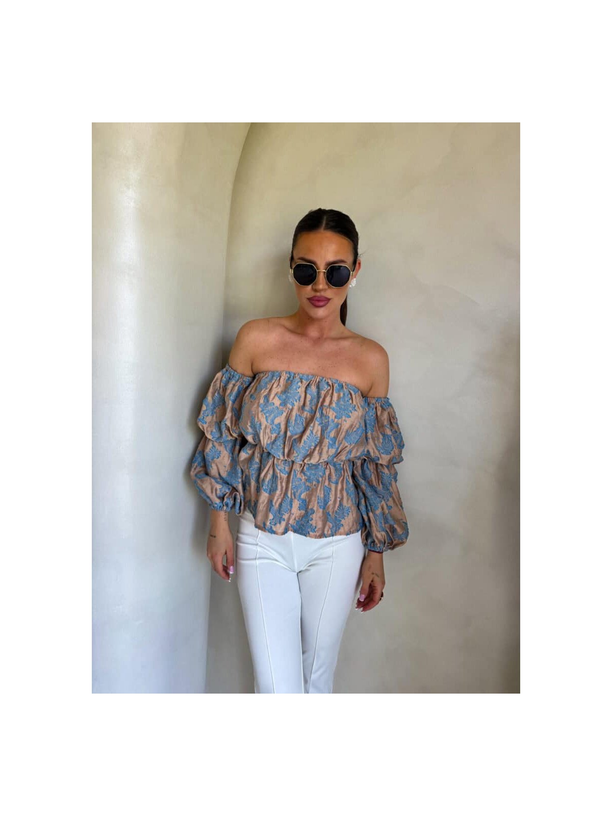 Bluzka hiszpanka MISS print ornament – blue