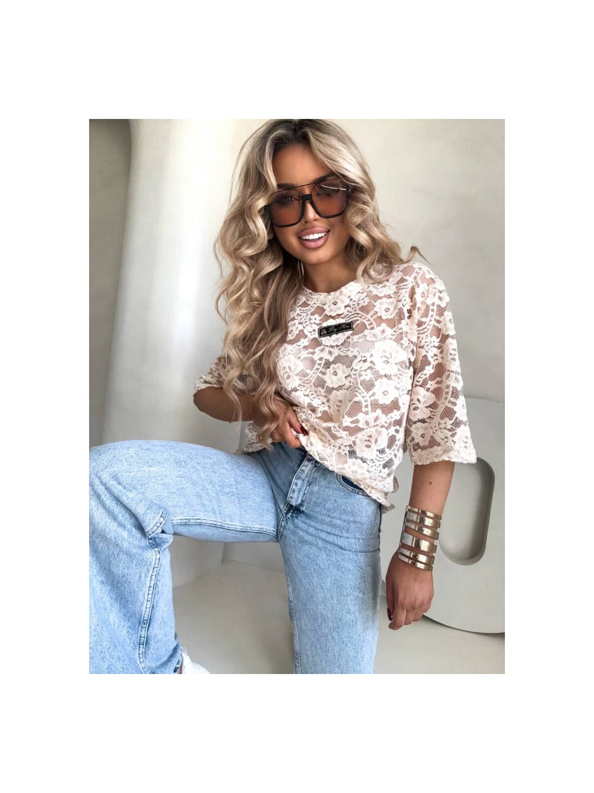 Bluzka MARMARIS koronka welur – beżowa