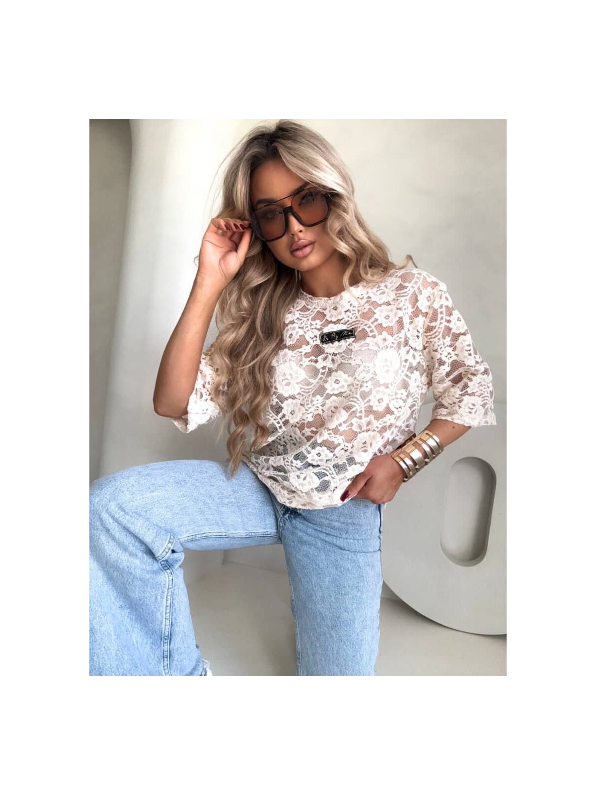 Bluzka MARMARIS koronka welur – beżowa