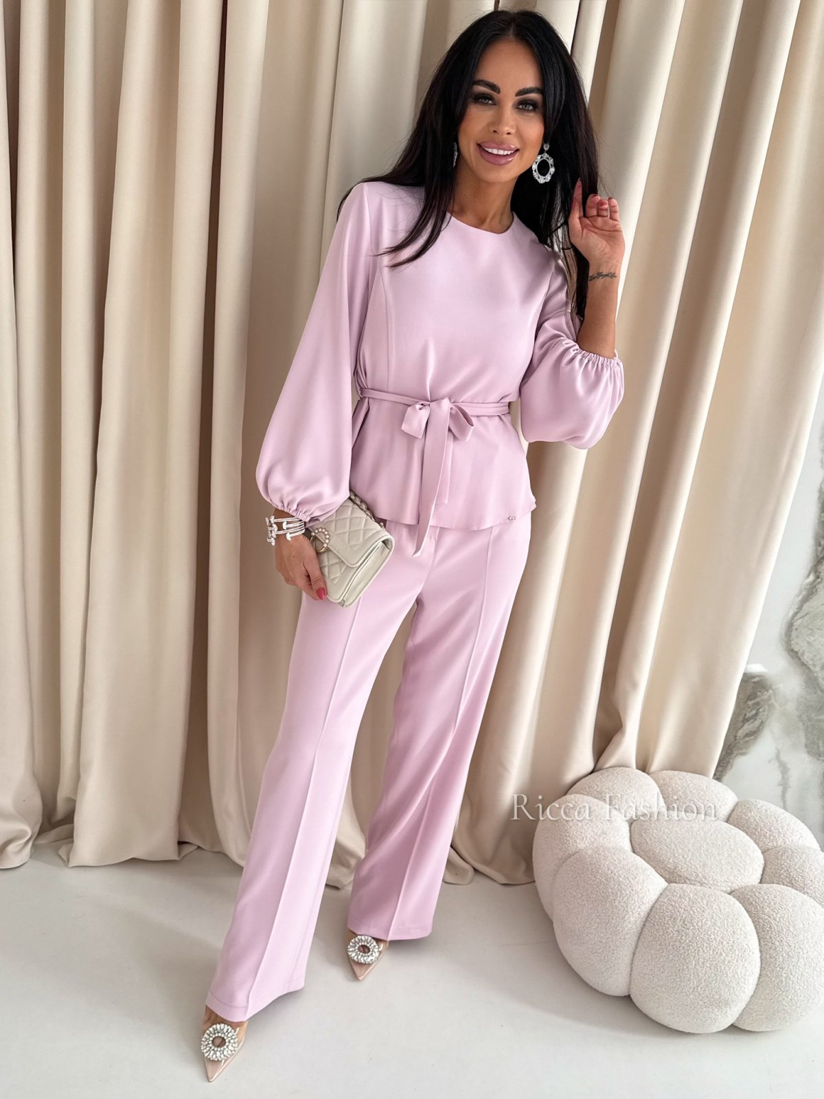 Elegancki komplet bluzka + spodnie BEATRICE. powder pink